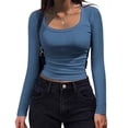 thumbnail image 2 of Kamentoy Women's Long Sleeve Crop Tops Ribbed Knit Y2k Scoop Neck Slim Fit Basic Going Out Shirts For Fall Everyday Wear, 2 of 5