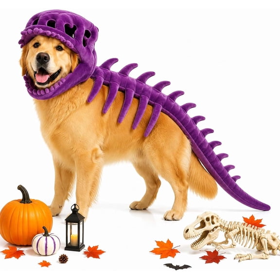 Pet Dinosaur Costume, 31.4inch Halloween 3D Skeleton Design Costume for Medium to Large Dogs, Realistic Dino Outfit for Pet Cosplay Party Family, Round and Chubby Body,Adorably Silly Purple