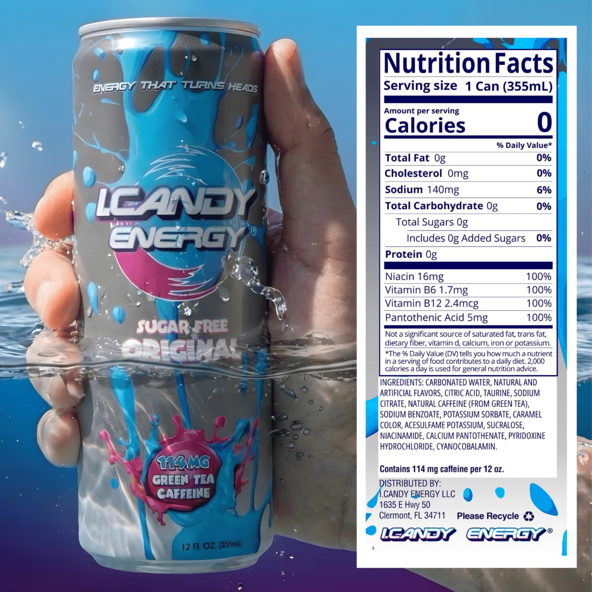 I.Candy Sugar Free Energy Drinks, Zero Sugar Energy for Real Life, Bold Flavor and Clean Boost, 100 Percent Daily Vitamins B3 B6 B12, Natural Caffeine, 24 Pack, 12 Fl Oz