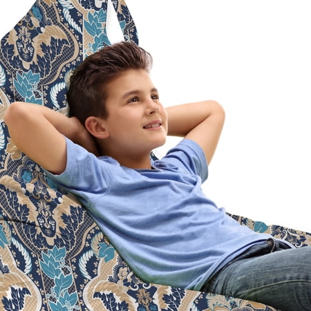 East Lounger Chair Bag  Vintage Eastern Abstract Floral Pattern with Leaves Grid Style Lines  High Capacity Storage with Handle Container  Lounger Size  Pale and Dark Blue Beige  by Ambesonne