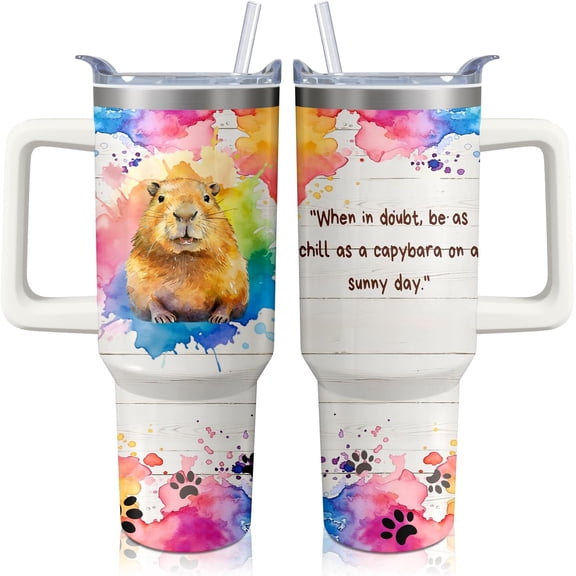 40oz Capybara Tumbler with Handle and Straw, Capybaras Stainless Steel Insulated Cup with Lid and Straw, Travel Coffee Mug Water Bottle, Birthday Mothers Day Gifts for Women Men Animal Lovers