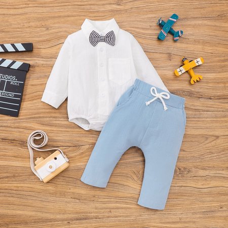 

ZMHEGW Toddler Fall Outfits Baby Boys Long Sleeve Patchwork Bowknot Gentleman Shirt Romper Tops Solid Pant Trousers Outfit Set Clothes 2Pcs Outfits Set