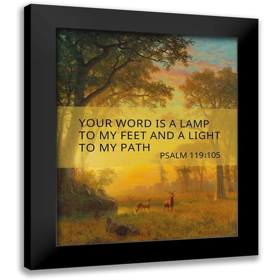 ArtsyQuotes 12x14 Black Modern Framed Museum Art Print Titled - Bible Verse Quote Psalm 119:105, Albert Bierstadt, Light in the Forest