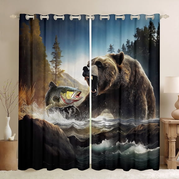 Castle Fairy Boys Girls Big Bass Fish Animal Bear Black Out Curtains,Fishing And Hunting Curtains Pack of 2 (42x63 Each),Jungle Wildlife Bedroom Curtains,Luxury Bedroom Decor