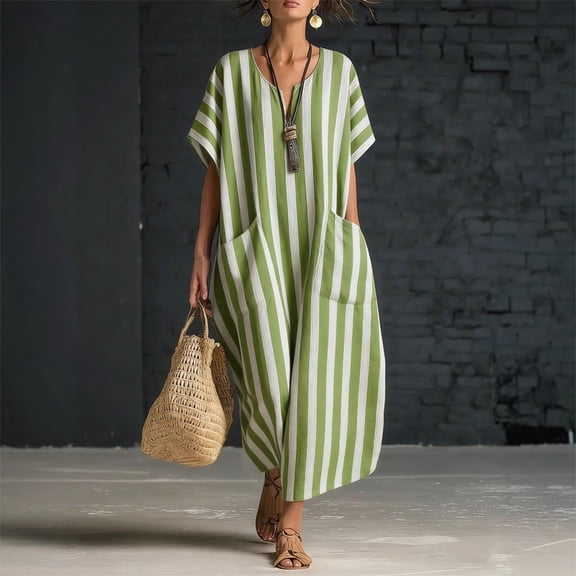 Morttic Women's Stripe V-Neck Batwing Short Sleeve Loose Maxi Dress – Side Pockets Bohemian Casual Summer Vacation Dress Matcha Green，S