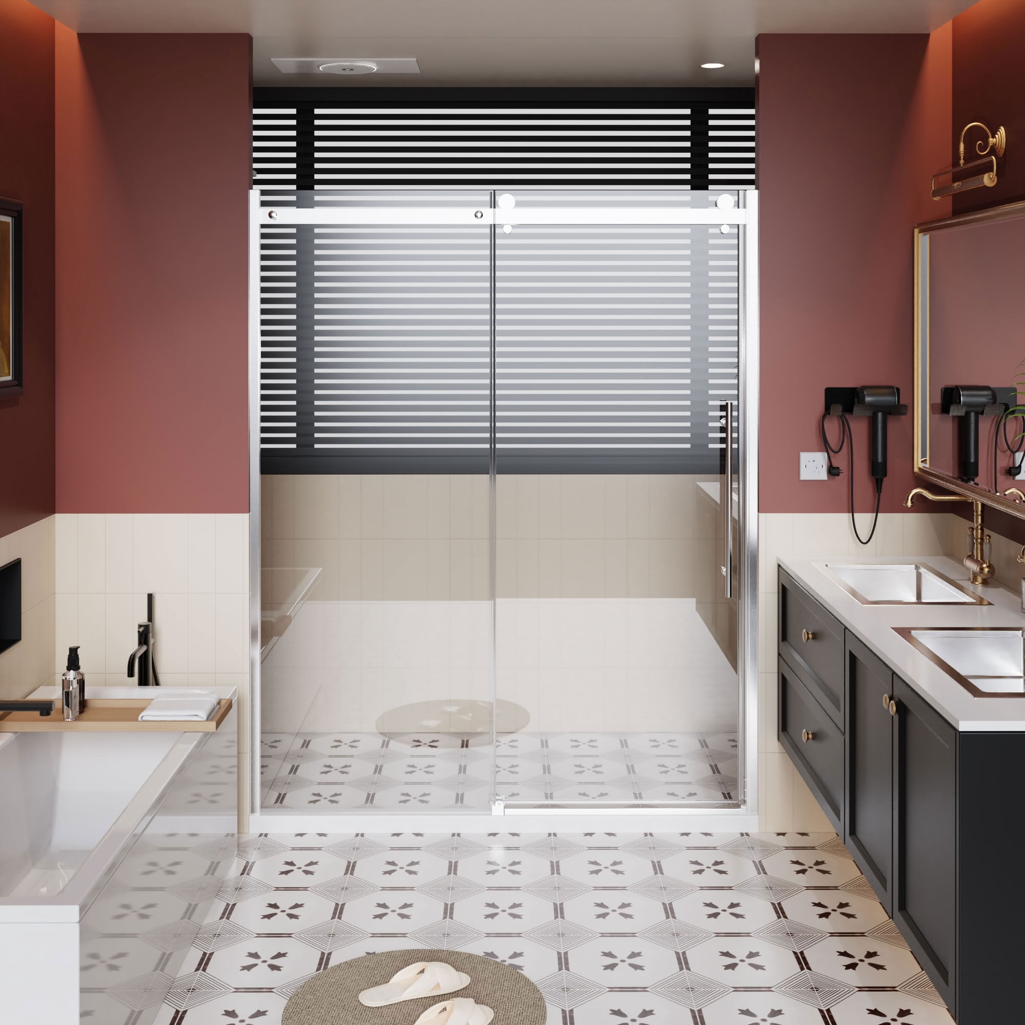 MAYEERTY Frameless Single Sliding Shower Door, Chrome Zinc Roller Rail, 1/4" Tempered Glass with Stainless Steel Handle, Waterproof & Reversible Installation
