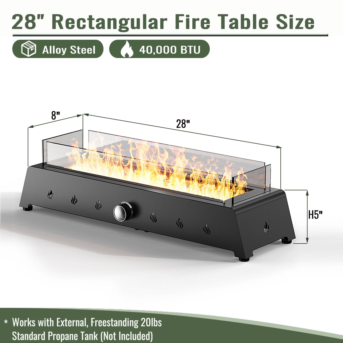 28" Propane Gas Fire Pits, 50000 BTU Rectangular Steel Fire Pit for Outdoor living room Garden Balcony -Black