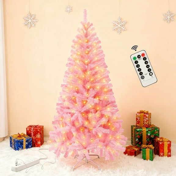 StarQualityBargain 4.5FT Pink Christmas Tree, Prelit Artificial Christmas Trees with 350 Branches PVC Branch and Iron Bracket, Easy Assembly for Festival Decoration