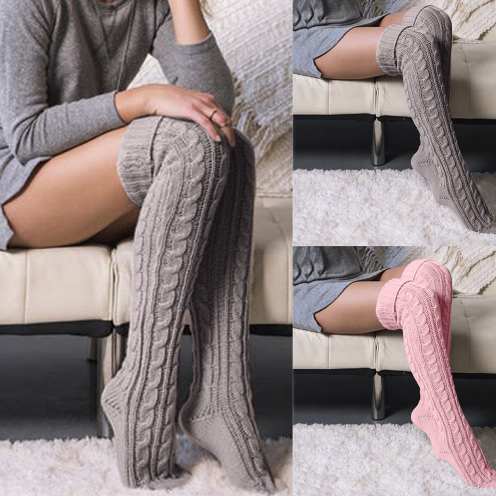 Braid Winter Stockings Over Knee Warm Thigh-Highs Knitted Hose Stockings 