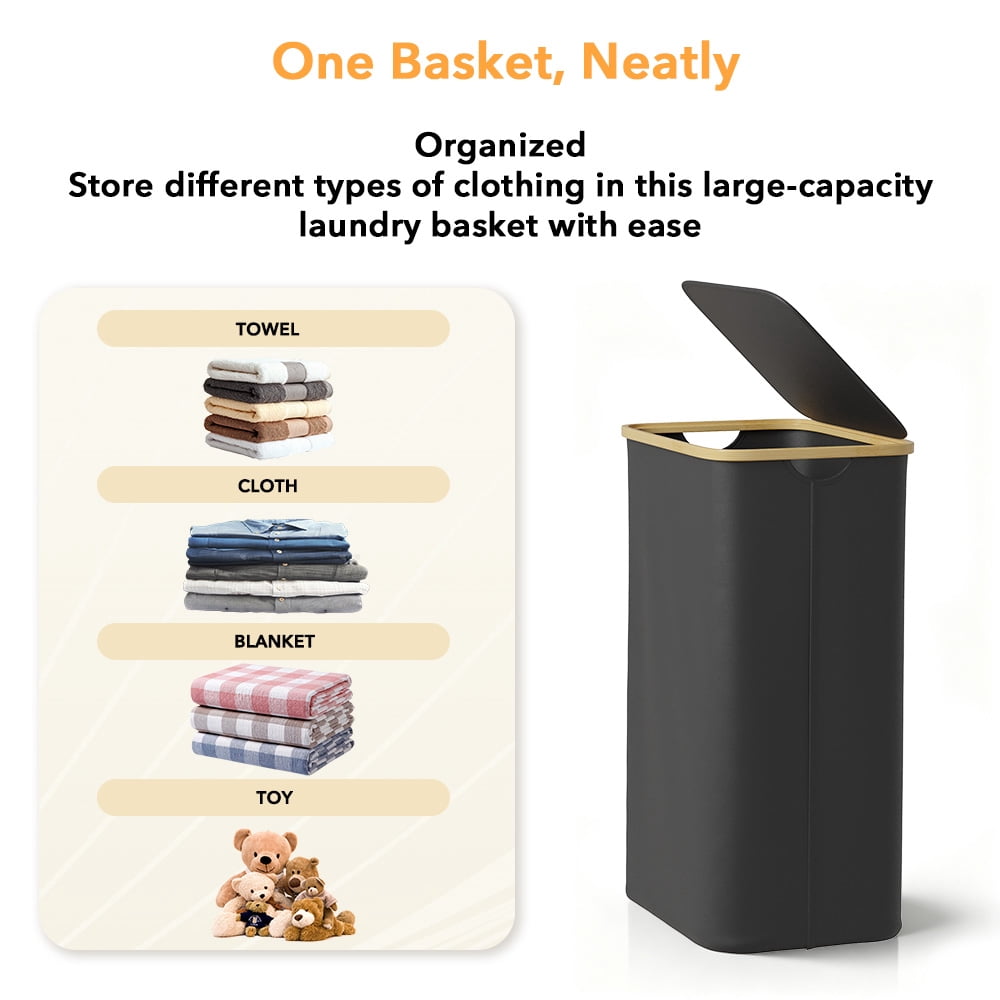 PLUMEBAY 110L Laundry Hamper with Lid, Large Foldable Clothes Basket with Bamboo Handles, Tall Fabric Hamper for Bedroom, Bathroom, Dorm, Black