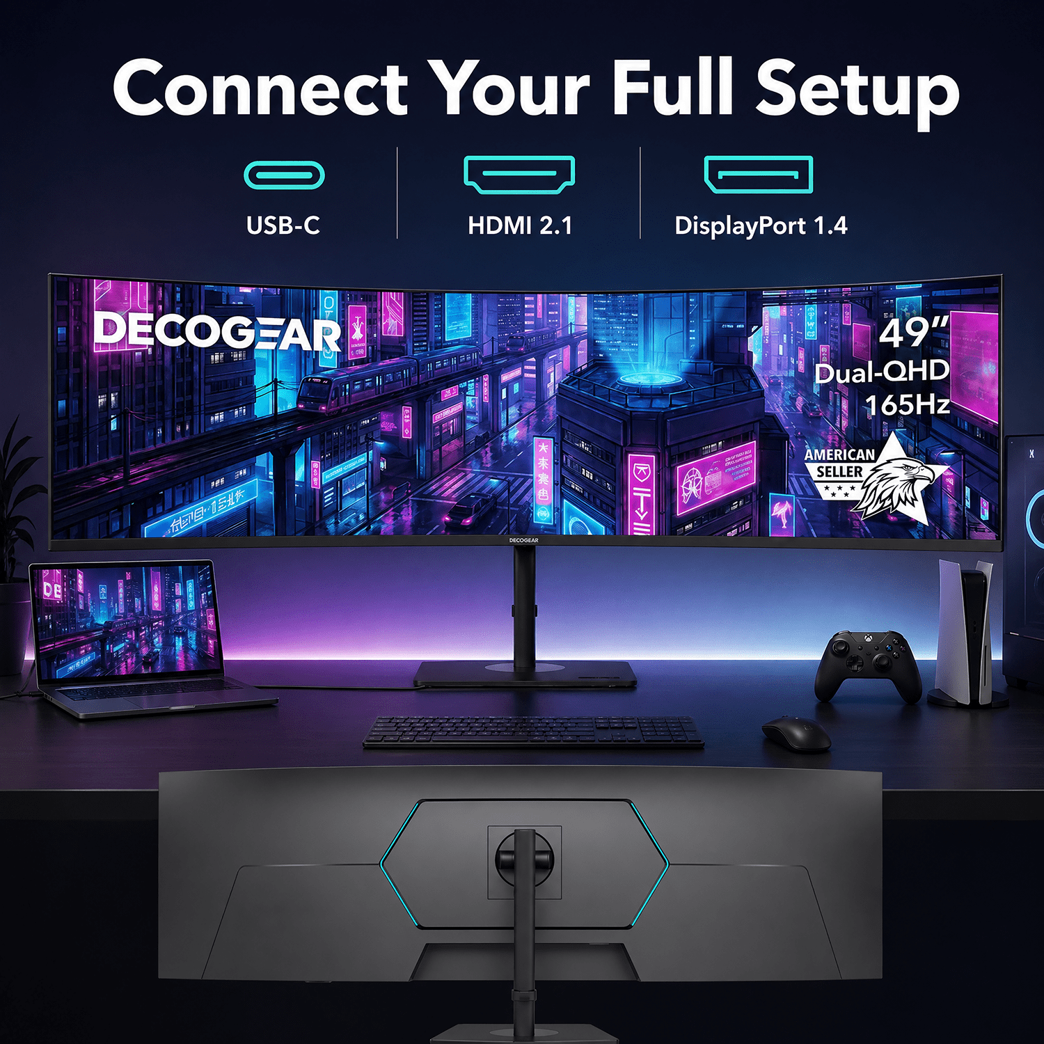 Deco Gear 49" Curved Ultrawide DQHD Monitor, 5120×1440, 165Hz, 1ms MPRT, 32:9, 1500R, HDR, Adaptive Sync, USB-C, HDMI 2.1, DisplayPort 1.4, PIP/PBP, RGB Lighting