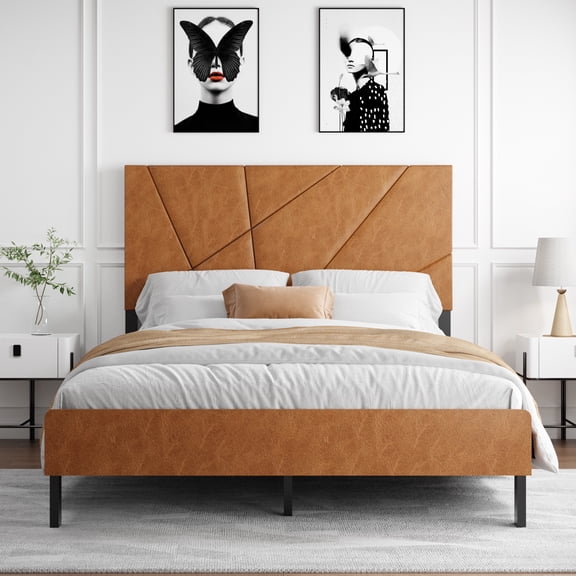 PAPROOS Full Size Bed Frame with Upholstered Headboard, Metal Platform Bed, Under Bed Storage, 800lbs, Brown