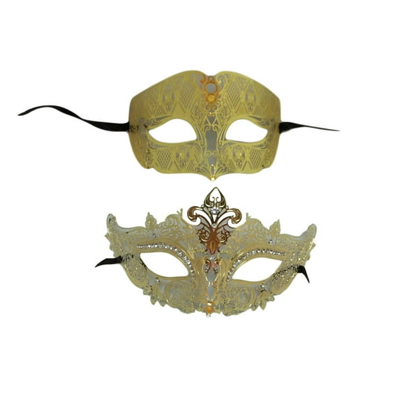 Gold Crown Man Woman Couples Laser Cut Venetian Masquerade Metal Masks