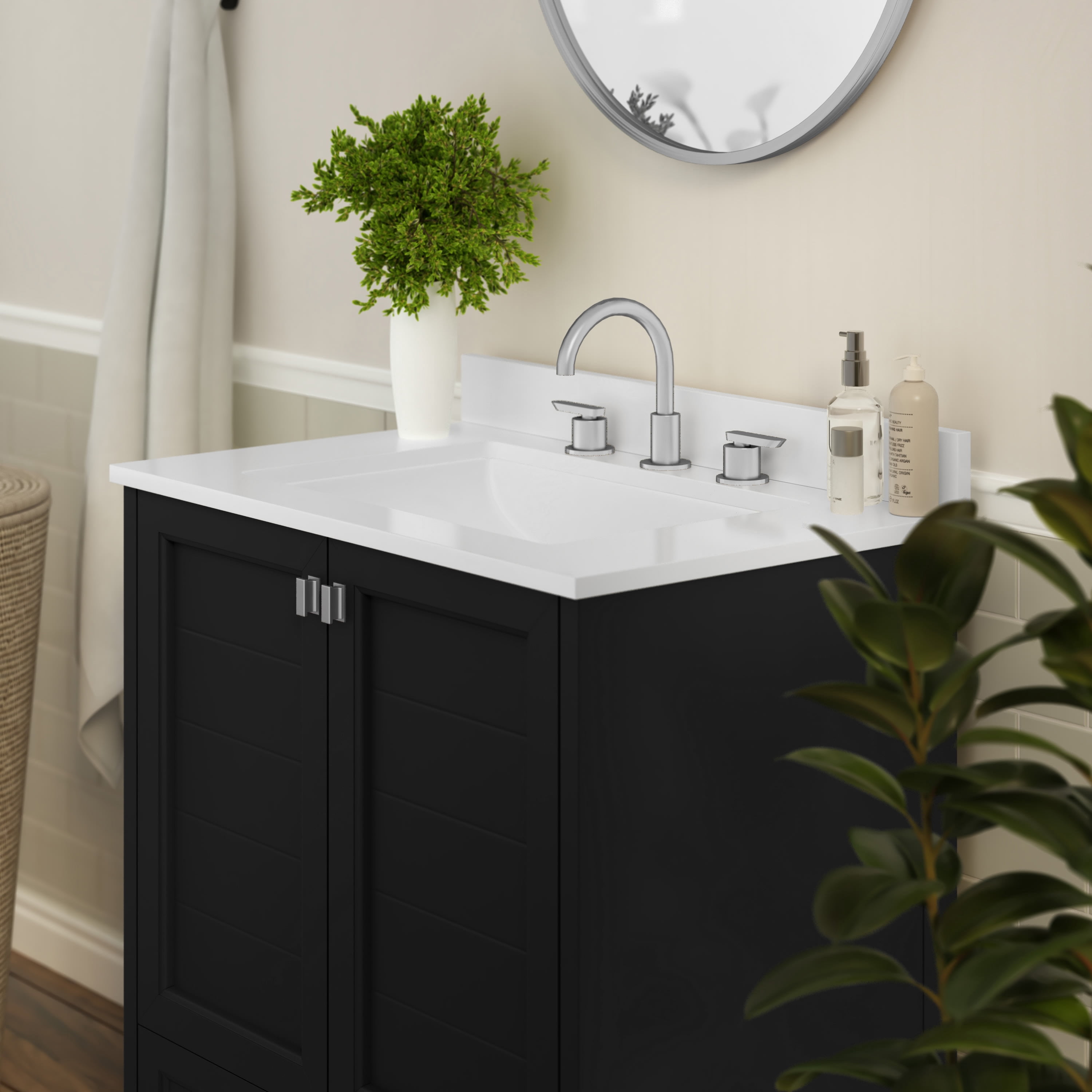 BizChair 30 Inch Bathroom Vanity with Sink, Storage Cabinet with Soft Close Doors and Bottom Drawer, Carrara Marble Finish Countertop, Black