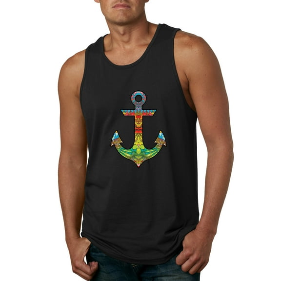 Trippy Mandala Nautical Colorful Mosaic Anchor | Mens Fashion Graphic Tank Top, Black, Small