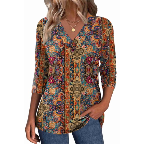 Zeagoo Cute Summer Boho Tops for Women V Neck Long Sleeve Blouses Floral Shirts Casual Tee Shirt