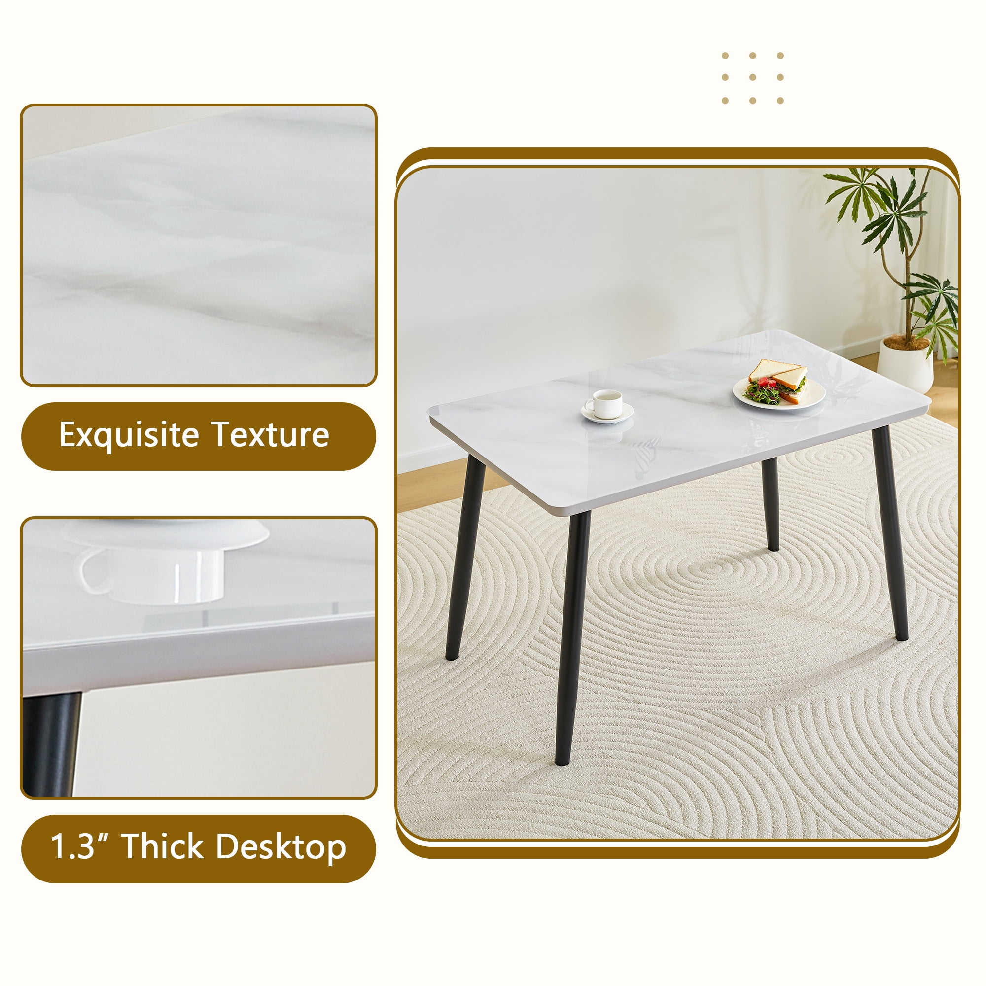 Hi loPres 47" White Modern Rectangular Dining Table for Apartments, Faux Marble Tempered Glass Top Kitchen Desk with Stable Black Metal Legs, Minimalist Style