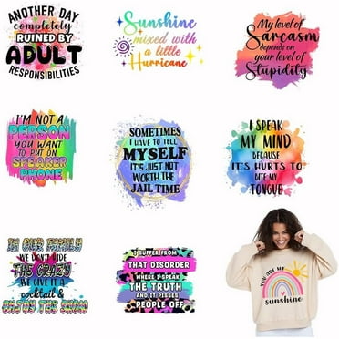 9PCS Funny Sayings Iron On Transfer Patches Colorful Heat Transfer Stickers Fun Text DIY Iron On Decals Washable Heat Transfers Paper for Clothing T-Shirt Hoodie Backpacks Pillow