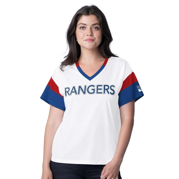 Women's G-III 4Her by Carl Banks White New York Rangers Rink Oversized Rhinestone V-Neck T-Shirt
