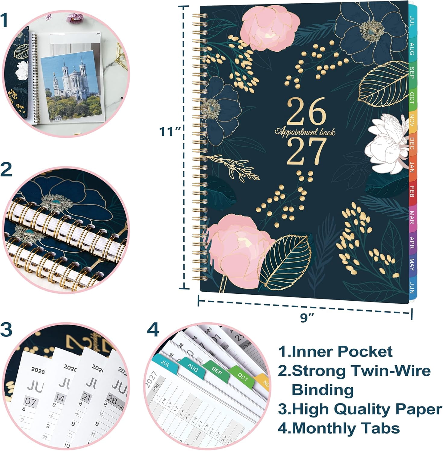 2026-2027 Appointment Book - July 2026 - June 2027, Weekly Appointment Book 2026-2027, 9"x11", 2026-2027 Hourly Planner with 30-Minute Interval, Colorful Monthly Tabs, Back Pocket