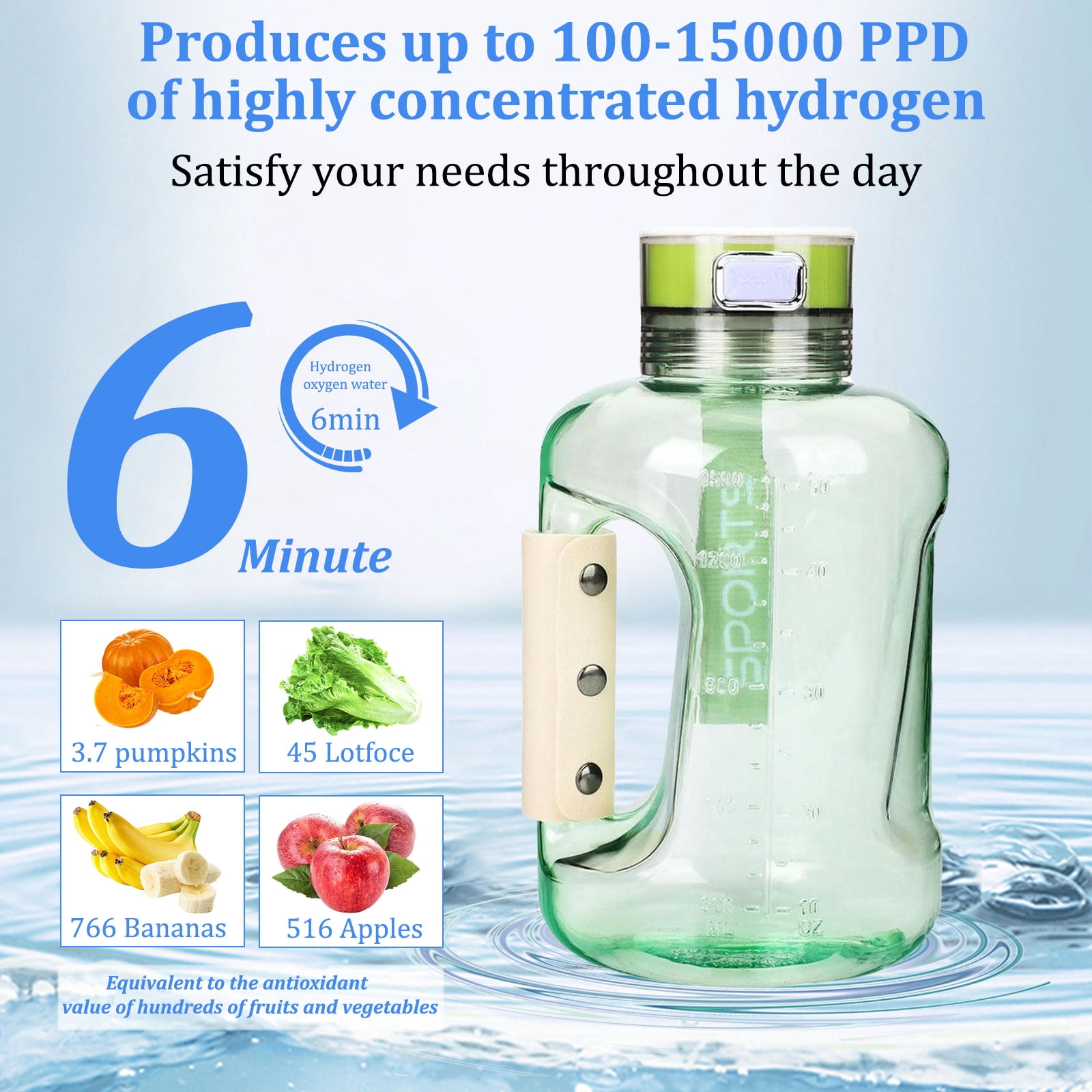 50oz Hydrogen Water Bottle, 1.5L Large Capacity Leak Proof Sports Drinking Bottle with Handle and Shoulder Strap, Portable Sports Water Bottle for Gym, Exercise and Outdoor Scenes