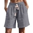 thumbnail image 3 of UVEASISHA Womens Linen Bermuda Shorts Loose Drawstring Elastic Waist Long Shorts Casual Straight Leg Short Pants Summer Vacation Shorts with Pockets Gray L, 3 of 8