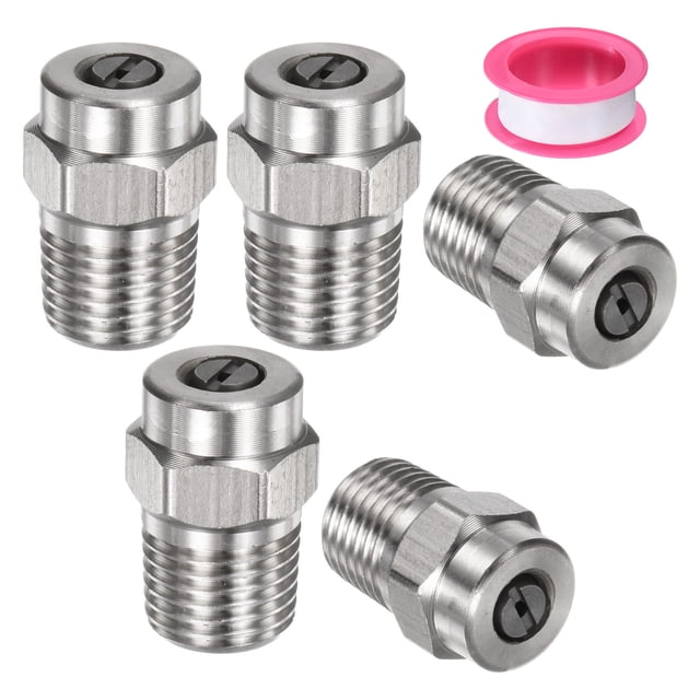 Uxcell 5 Paquete de Puntas de Limpieza de Superficie - 40 Grados 1/4" NPT Macho Boquillas de Lavadora a Presión, Acero Inoxidable con Cinta de Sellado (1.382mm Orificio)