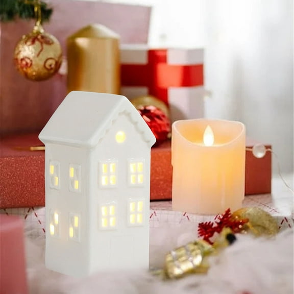 Christmas Porcelain Village House | LED Tabletop Figurine | Ceramic Holiday Decor with Flameless Tea Light | Xmas Village Display