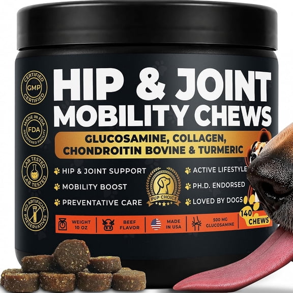 Pup Choice Hip & Joint Glucosamine Chews for Dogs with Chondroitin, Collagen & Turmeric – Mobility & Joint Support, Beef Flavor Soft Chews, 140 Count