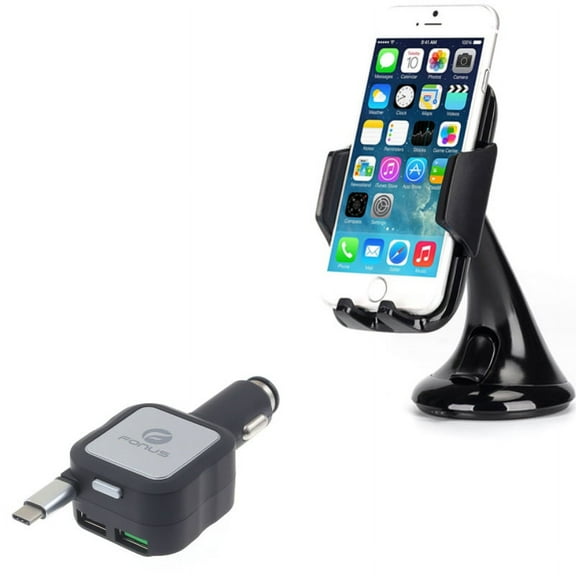 Retractable Car Charger w Dash Mount Holder J2V for Acer Liquid Jade Primo - Alcatel PulseMix, 7, Idol 5S 5 4S - ASUS Zenfone V Live, ROG Phone, AR 6 5z 4 Pro - Blackberry Motion, Key2, KEYone