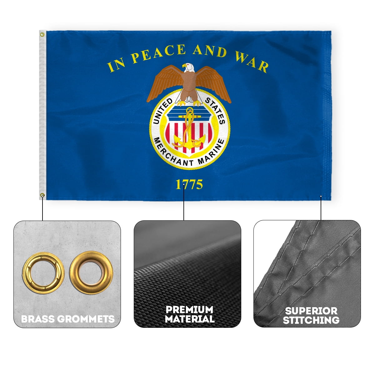 AGAS Large United States Merchant Marines Flag 4x6 Ft - Printed 200D Nylon Canvas Header Two Brass Grommets Big USA Merchant Marines Flag