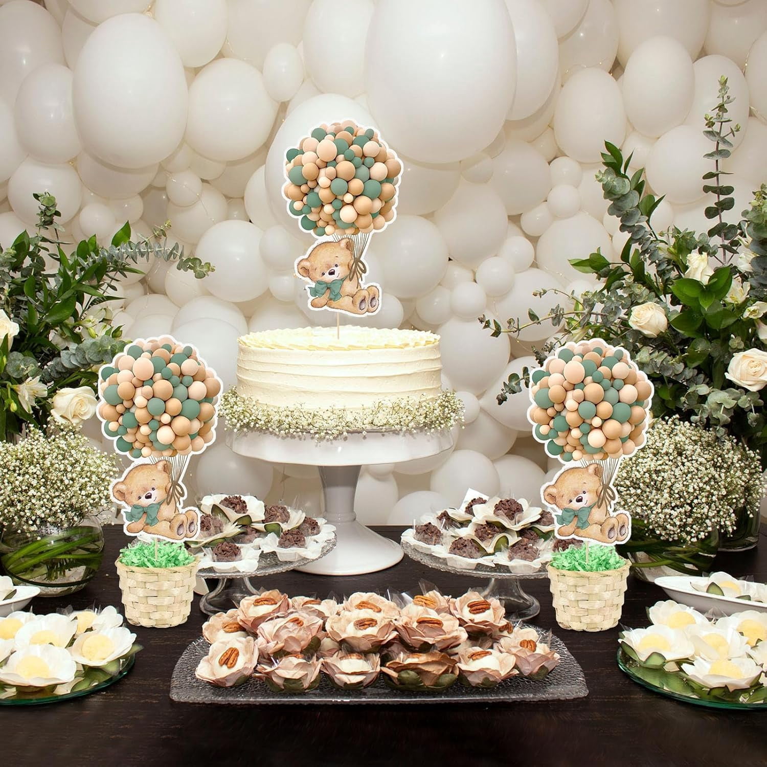 6 Set Sage Green Baby Shower Table Centerpieces Decortion Hot Air Balloon Cute Babys Bear with Bamboo Basket Lafite Garss Welcome Oh Baby We Can Bearly Wait Boy Or Girl Gender Reveal Party Favor