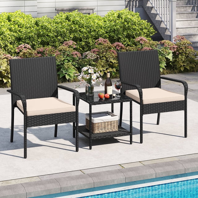 Gymax 3 Piece Patio Furniture Set Outdoor Wicker Chair & Table Set w/ Seat Cushions Beige