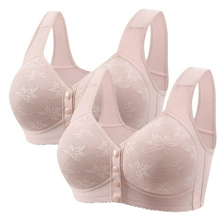 Fsqjgq 2 Pcs Front Closure Bras for Women Plus Size Floral Lace Full Coverage Push Up Bra Elderly Mom Soft Comfort Underwear Tank Tops Sports Bra 44