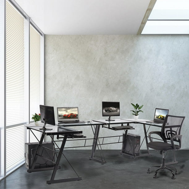 L Shaped Desk Office Computer Glass Corner Desk With Keyboard Tray Set