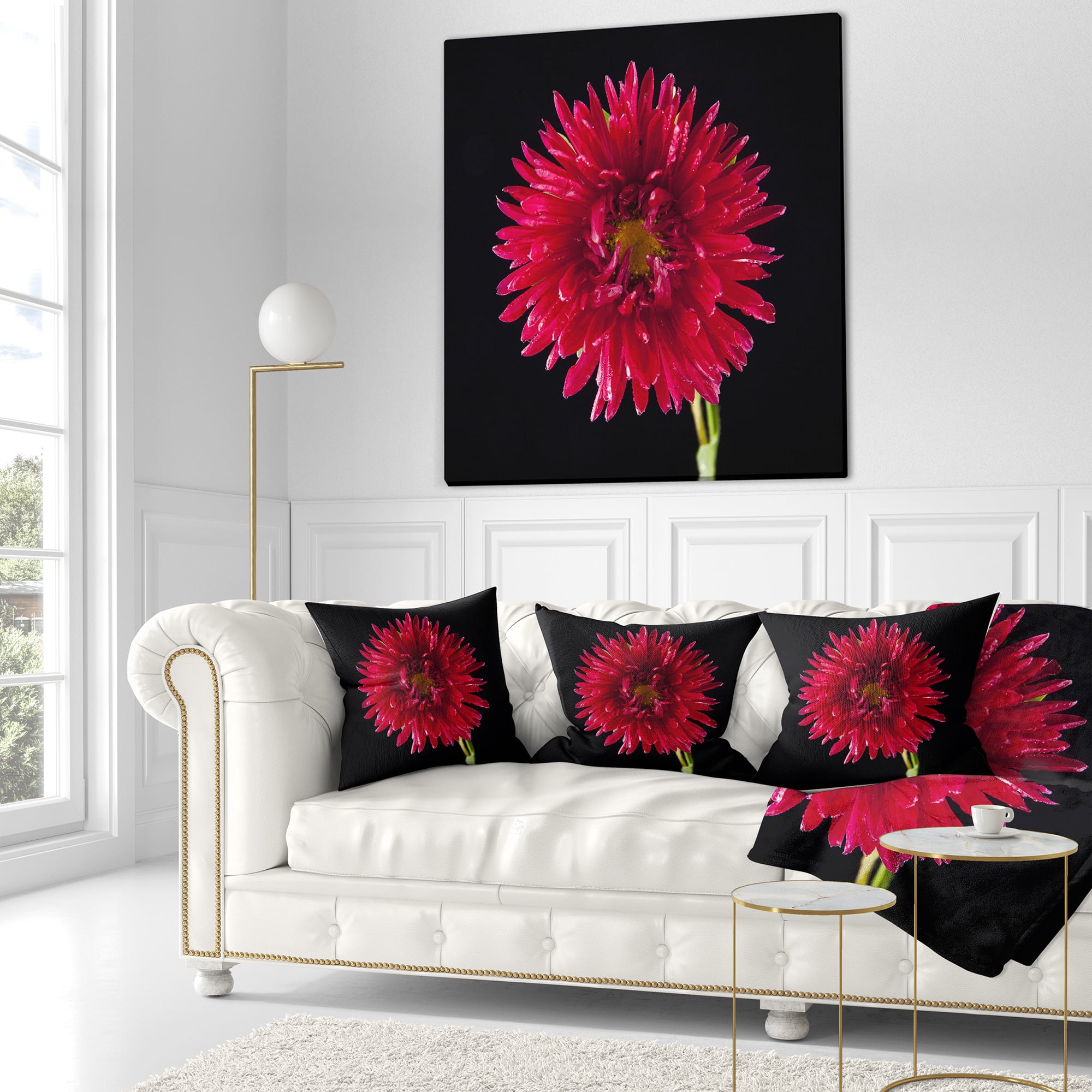 Designart Chrysanthemum Flower on Black - Flowers Throw Pillowwork - 16x16