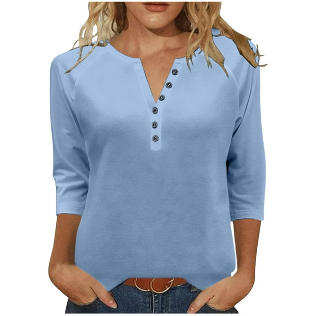 Chbgutlmr 3/4 Length Sleeve Womens Tops Notched V Neck Button Dressy Casual Solid Color Raglan Blouses