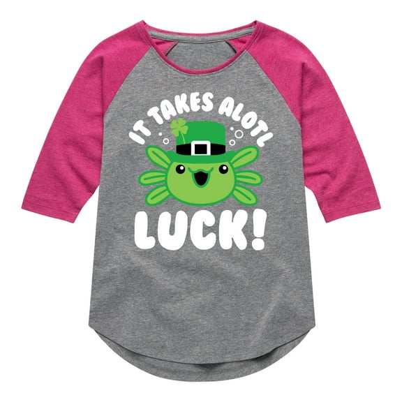 Instant Message - St. Patrick's Day - It Takes Alotl Luck - Axolotl - Toddler And Youth Girls Raglan Graphic T-Shirt