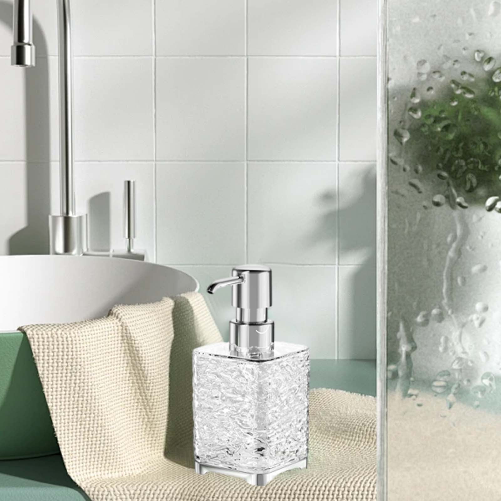 Glass Foaming Soap Dispenser with Silver Pump, Vintage-Inspired Modern Glass Refillable Bottle for Bathroom Vanity Countertop and Kitchen