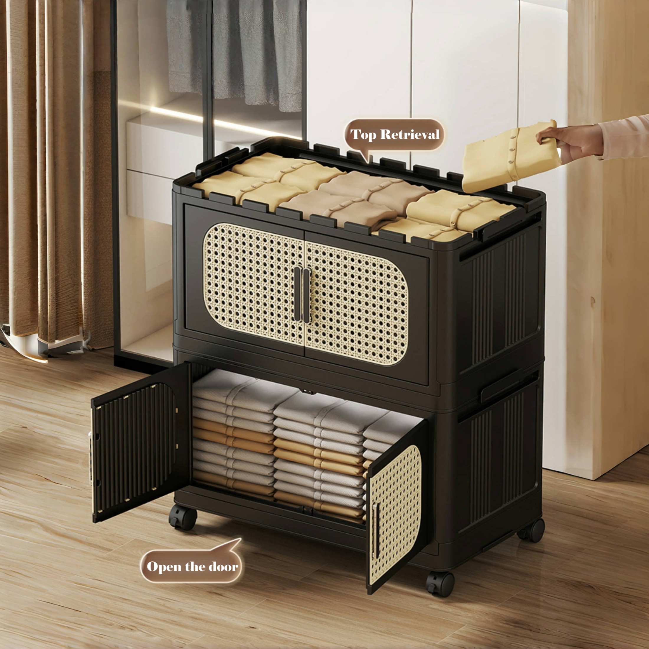 Noble House 20" Folding Plastic Storage Cabinet, 4-Tier Collapsible PP Bins, Magnetic Door with Wheels, Retro Black