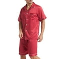 thumbnail image 2 of SWSMCLT Men's 2 Piece Satin Pajama Set Lightweight Soft Fall Button Spring Silk Silky Lounge Set Short Sleeve Pj Set Rouge Noir Medium, 2 of 4