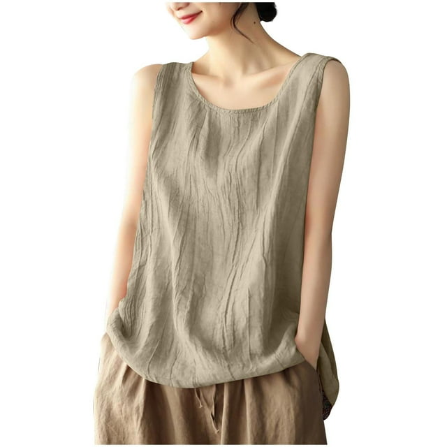 Débardeurs en Coton et Lin Grande Taille pour Femmes Été Sans Manches Col Rond Blouse Décontractée Couleur Unie T-Shirt Basique