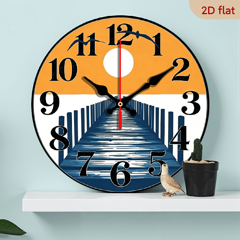 2D flat, a 10-inch wooden round wall clock, sunset lake pier design. Suitable for bedroom, living room, office decoration. Can be used as a Father's Day and other holiday gifts.