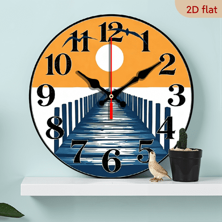 2D flat, a 10-inch wooden round wall clock, sunset lake pier design. Suitable for bedroom, living room, office decoration. Can be used as a Father's Day and other holiday gifts.