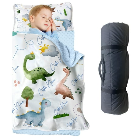 Personalized Toddler Nap Mats for Preschool Custom Name Dinosaur Design Kids Sleeping Bag for Daycare Roll Up Sleeping Mat with Removable Pillow and Soft Dot Minky Blanke for Boys Camping Travel