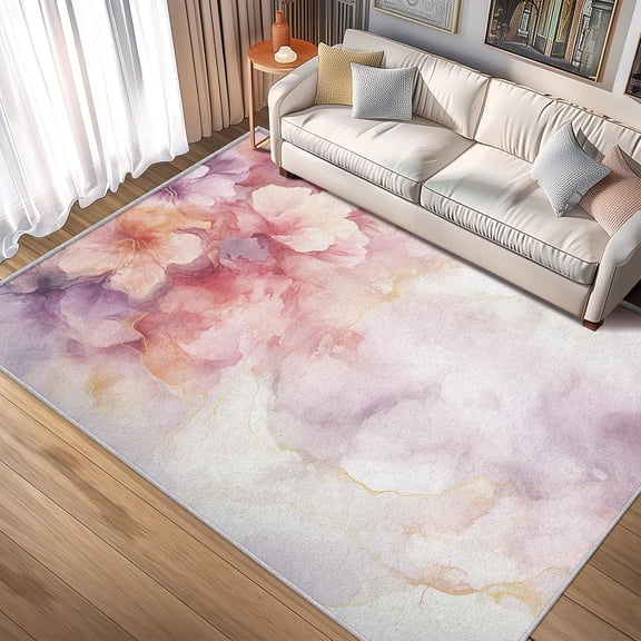 Watercolor Flower Plant Area Rugs, Pink Purple Floral Carpet, Washable Non Slip Low Pile Soft Rug for Living Room Bedroom Dining Room Decor Mat 2x3ft