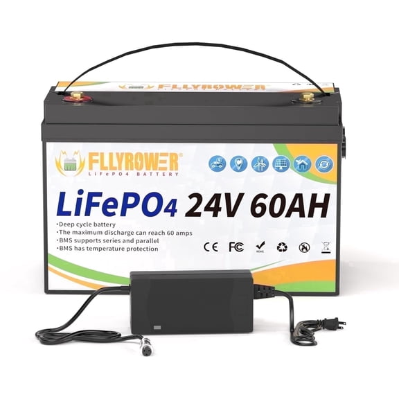 24V 60Ah LiFePO4 Battery with Charger,Lithium Batteries for RV,Trolling Motors,Marine,Boat,Backup Power,off-grid,Group 31 Deep Cycles,60A BMS