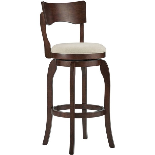 McAllister Brown Oak High Back Swivel Seat Bar Stool, Grey Linen