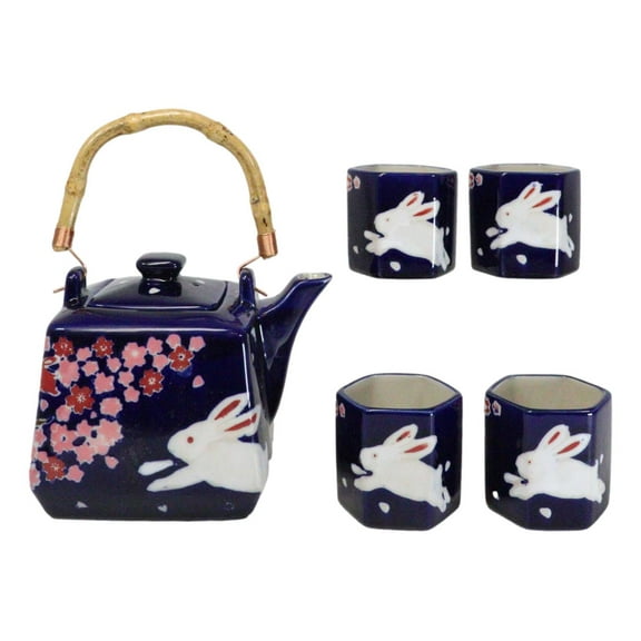 Blue Sakura Cherry Blossoms With Rabbit Hexagonal Teapot With 4 Tea Cups Set