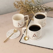 Thyme & Table Monogram Q Stoneware Mug Set with Coaster and Gold Stir Spoon, 13.5 fl oz